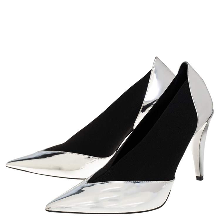 Pre Owned Givenchy Metallic Silver/Black Leather And Elastic Pointed Toe Pumps Size 37.5