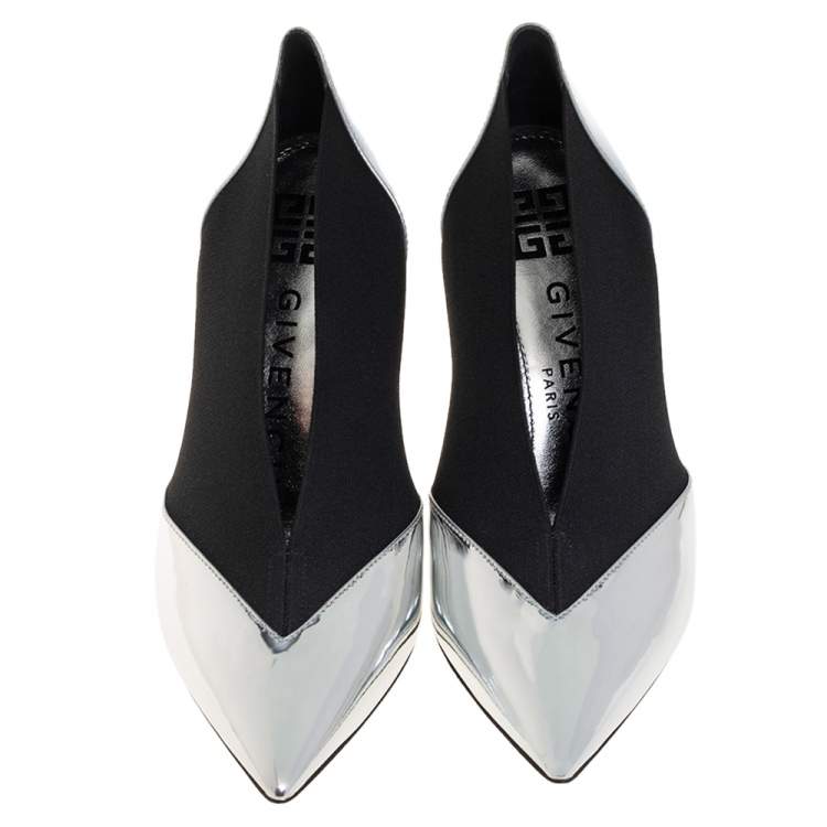 Pre Owned Givenchy Metallic Silver/Black Leather And Elastic Pointed Toe Pumps Size 37.5