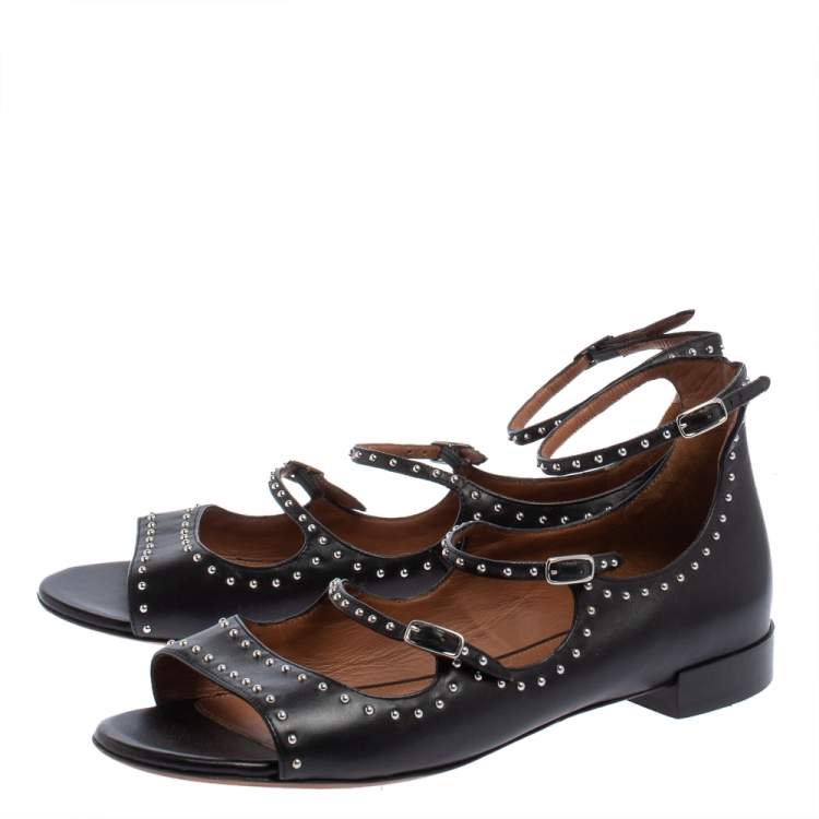 Pre Owned Givenchy Black Leather Studded Ankle Strap Sandals Size 41