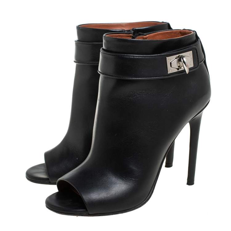 Pre Owned Givenchy Black Leather Shark Lock High Heel Ankle Boots Size 36.5