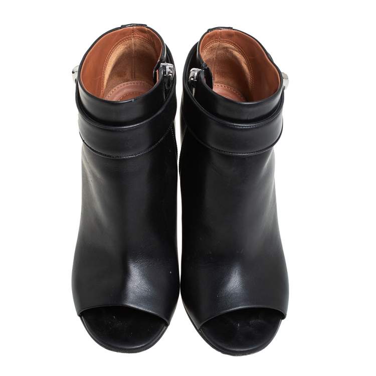 Pre Owned Givenchy Black Leather Shark Lock High Heel Ankle Boots Size 36.5