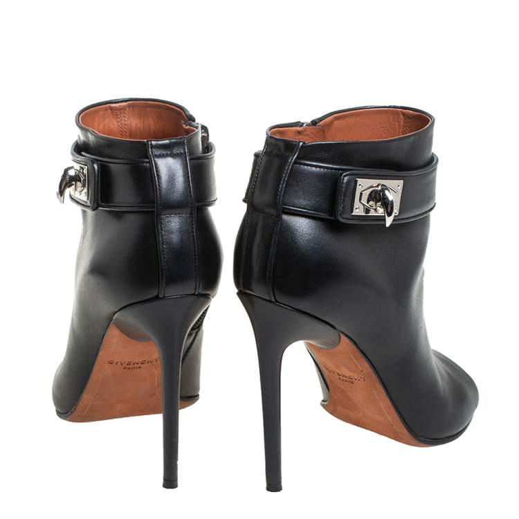Pre Owned Givenchy Black Leather Shark Lock High Heel Ankle Boots Size 36.5