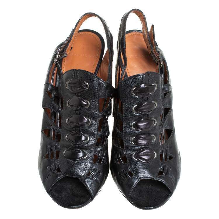 Pre Owned Givenchy Black Leather Peep Toe Slingback Sandals Size 38