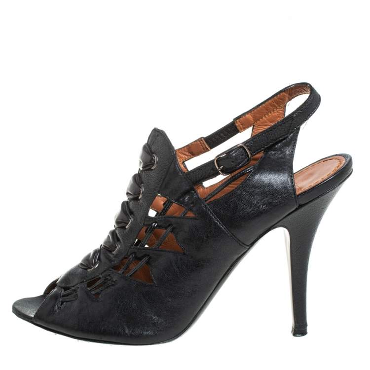 Pre Owned Givenchy Black Leather Peep Toe Slingback Sandals Size 38