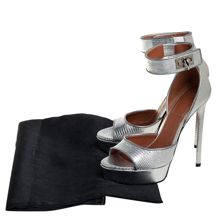 Pre Owned Givenchy Silver Lizard Embossed Leather Shark Lock Ankle Strap Sandals Size 36