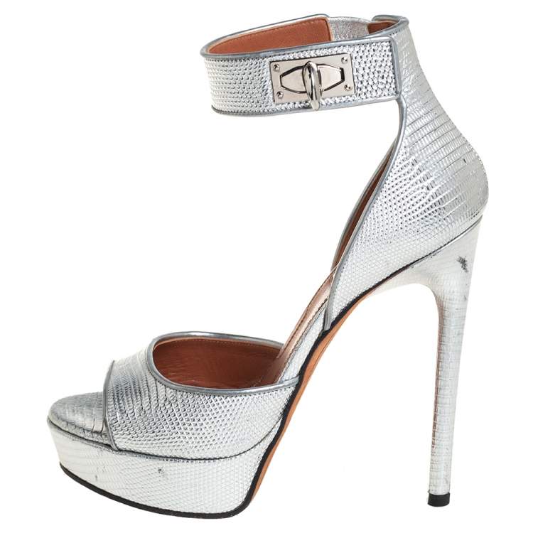 Pre Owned Givenchy Silver Lizard Embossed Leather Shark Lock Ankle Strap Sandals Size 36