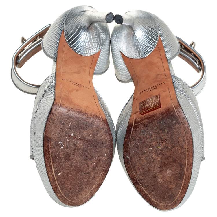 Pre Owned Givenchy Silver Lizard Embossed Leather Shark Lock Ankle Strap Sandals Size 36