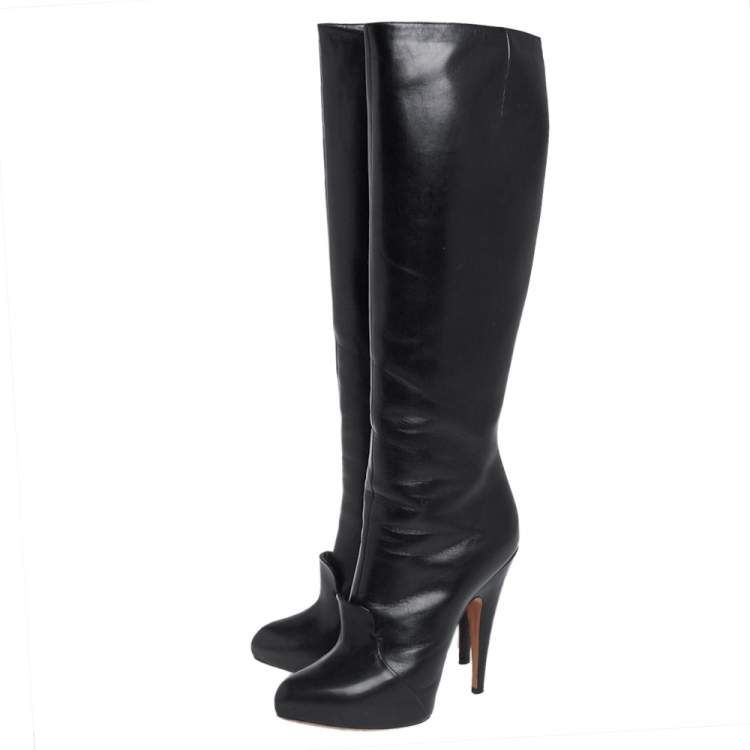 Pre Owned Givenchy Black Leather Knee Length Boots Size 39