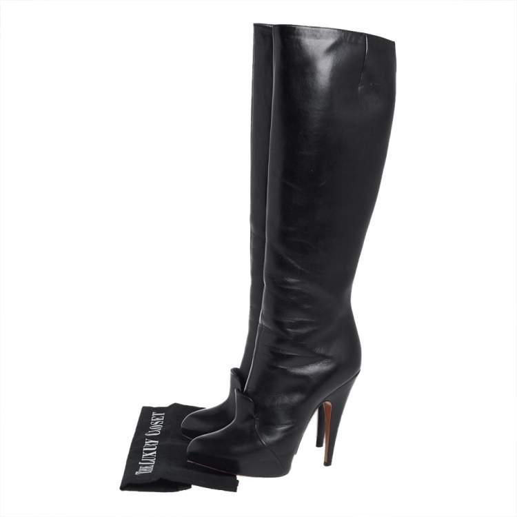 Pre Owned Givenchy Black Leather Knee Length Boots Size 39