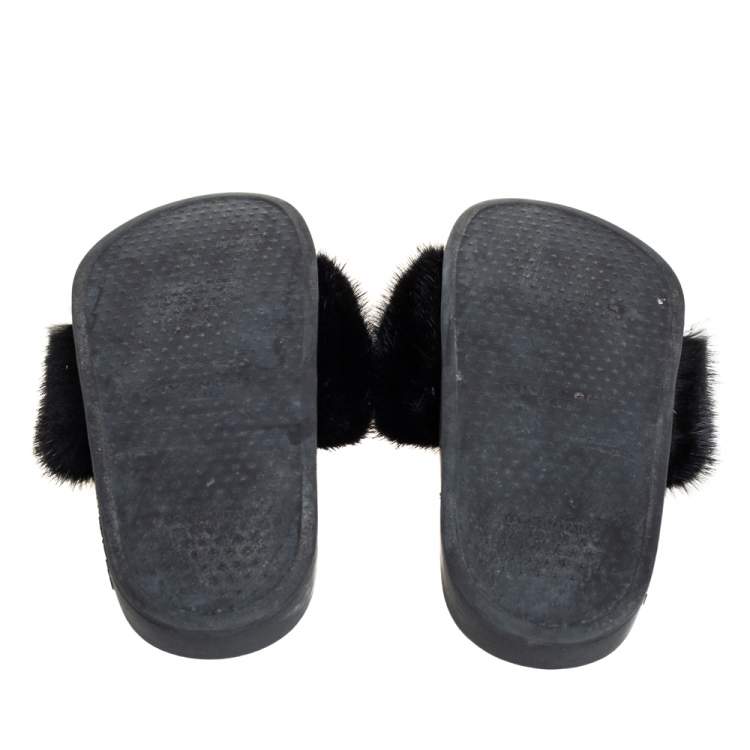 Pre Owned Givenchy Black Mink Fur Flat Slides Size 38