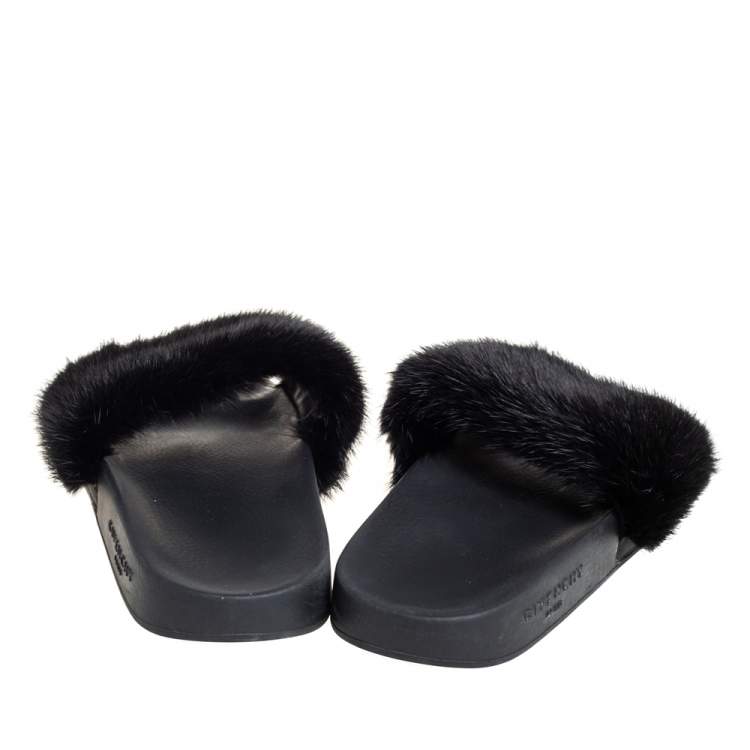 Pre Owned Givenchy Black Mink Fur Flat Slides Size 38