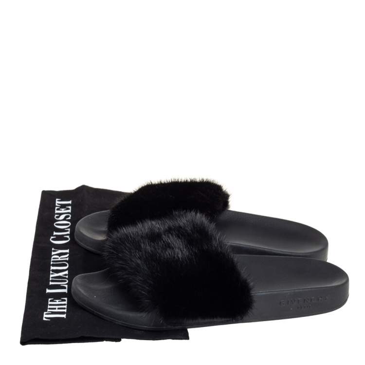 Pre Owned Givenchy Black Mink Fur Flat Slides Size 38