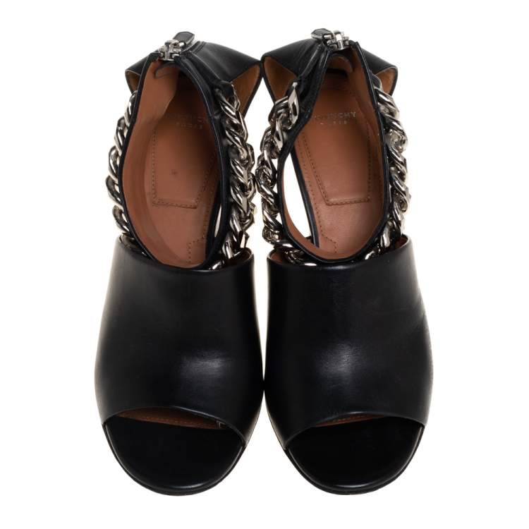 Pre Owned Givenchy Black Leather Chain Detail Ankle Cuff Sandals Size 40