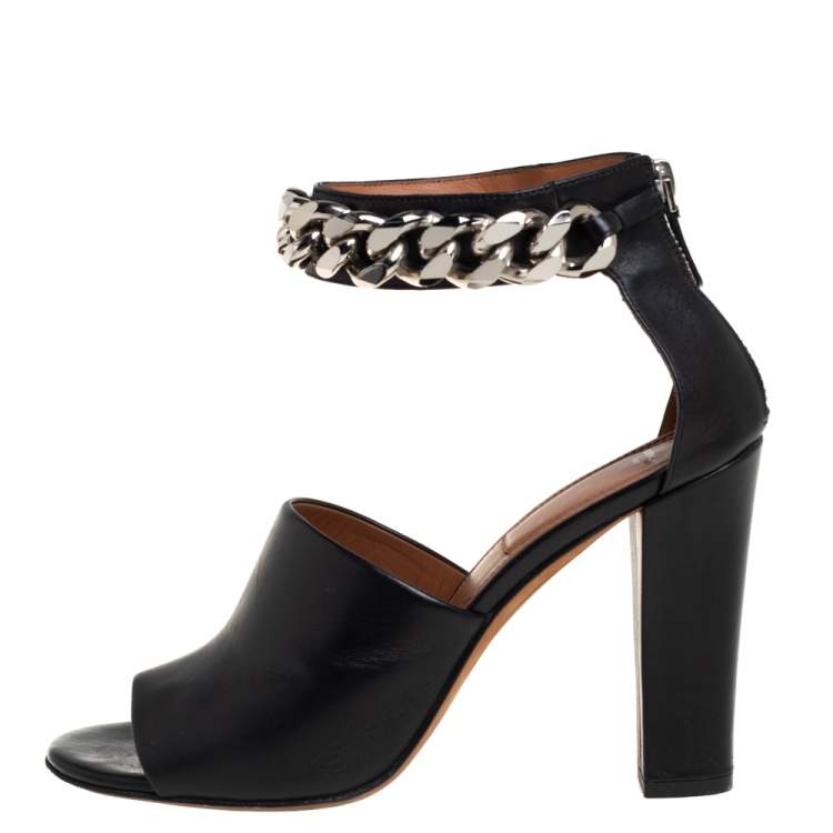 Pre Owned Givenchy Black Leather Chain Detail Ankle Cuff Sandals Size 40
