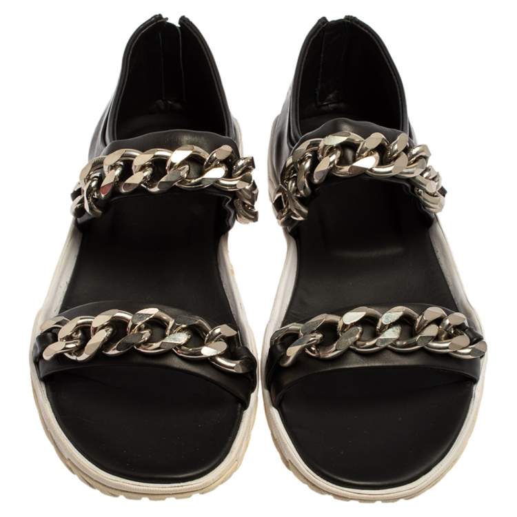 Pre Owned Givenchy Black Leather Chain Link Strap Flat Sandals Size 42