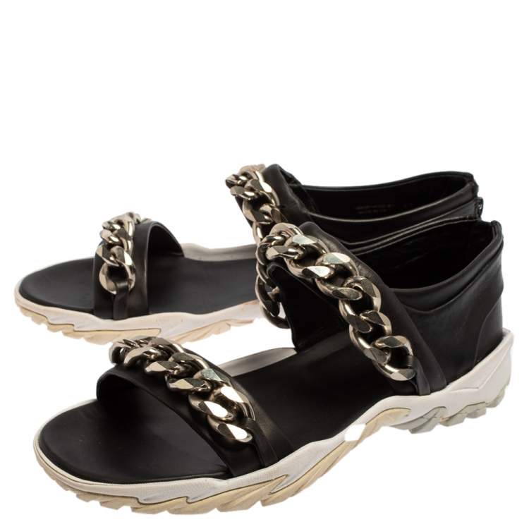 Pre Owned Givenchy Black Leather Chain Link Strap Flat Sandals Size 42