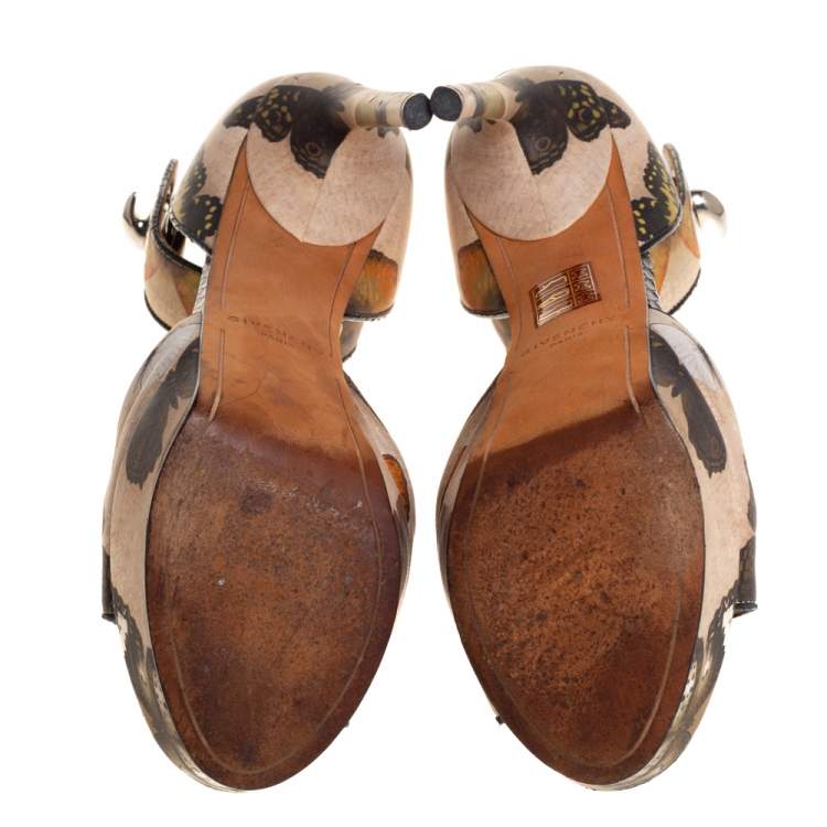 Pre Owned Givenchy Beige Printed Leather Shark Lock Ankle Strap Open Toe Platform Sandals Size 39