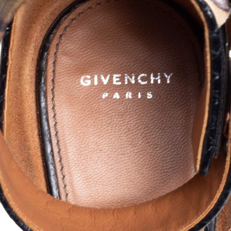 Pre Owned Givenchy Beige Printed Leather Shark Lock Ankle Strap Open Toe Platform Sandals Size 39