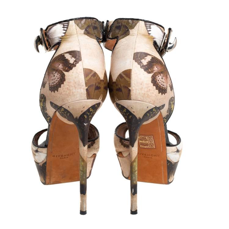 Pre Owned Givenchy Beige Printed Leather Shark Lock Ankle Strap Open Toe Platform Sandals Size 39
