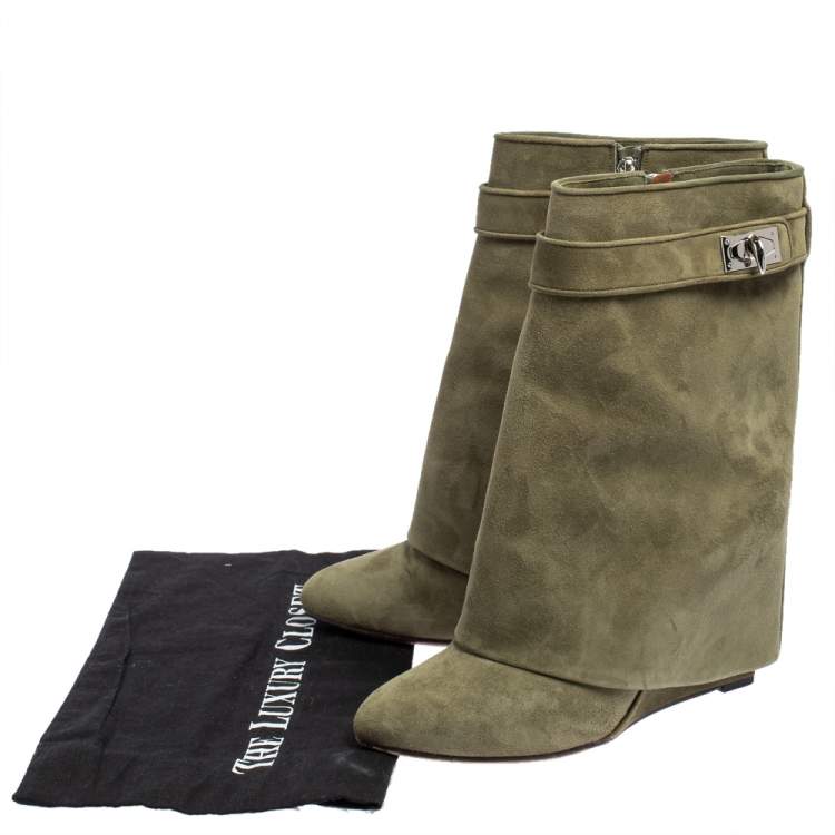 Pre Owned Givenchy Green Suede Shark Lock Wedge Ankle Boots Size 40