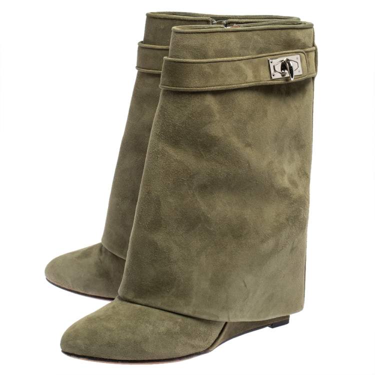 Pre Owned Givenchy Green Suede Shark Lock Wedge Ankle Boots Size 40