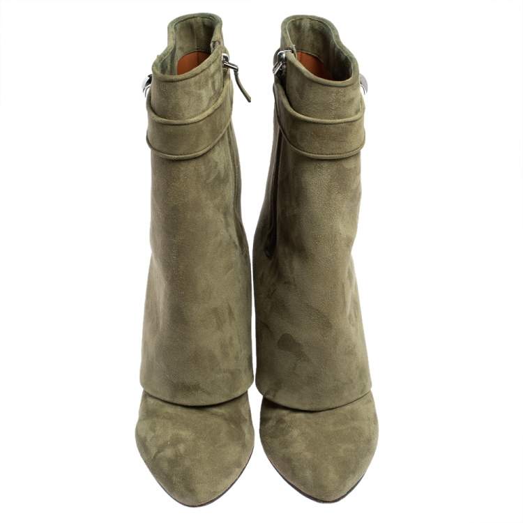 Pre Owned Givenchy Green Suede Shark Lock Wedge Ankle Boots Size 40