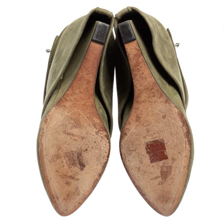 Pre Owned Givenchy Green Suede Shark Lock Wedge Ankle Boots Size 40