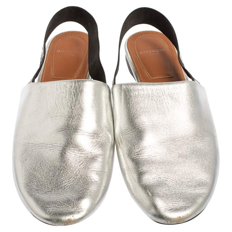 Pre Owned Givenchy Silver Leather And Elastic Rivington Slingback Mules Size 36