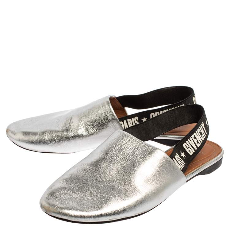 Pre Owned Givenchy Silver Leather And Elastic Rivington Slingback Mules Size 36
