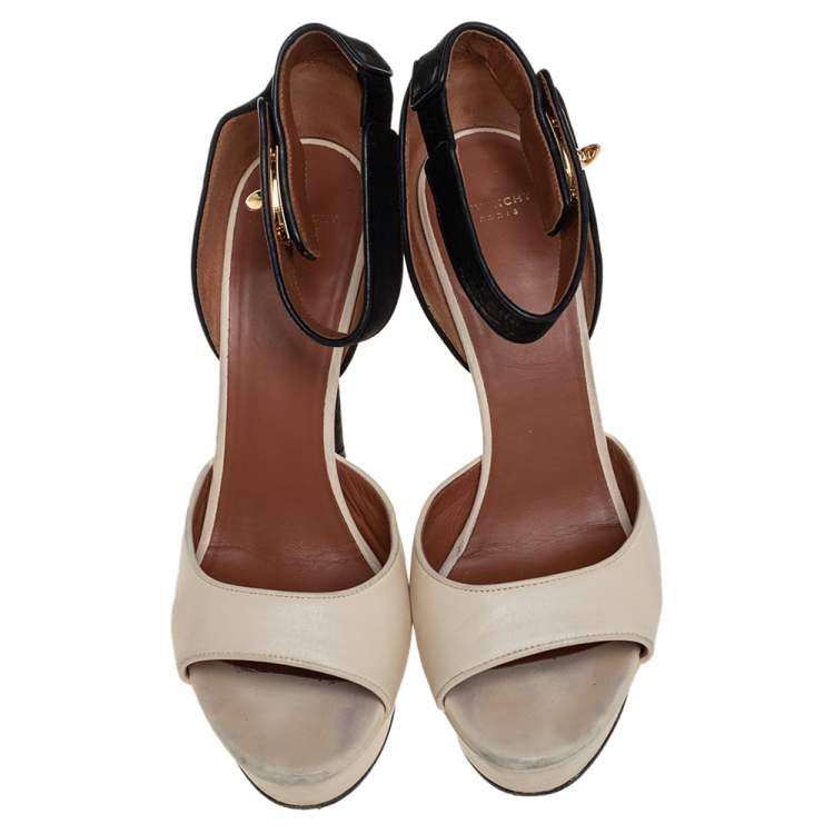 Pre Owned Givenchy Cream/Black Leather Shark Lock Ankle Strap Open Toe Platform Sandals Size 40