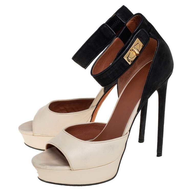 Pre Owned Givenchy Cream/Black Leather Shark Lock Ankle Strap Open Toe Platform Sandals Size 40