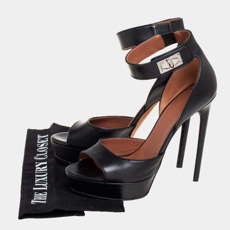 Pre Owned Givenchy Black Leather Shark Tooth Ankle Strap Open Toe Platform Sandals Size 39