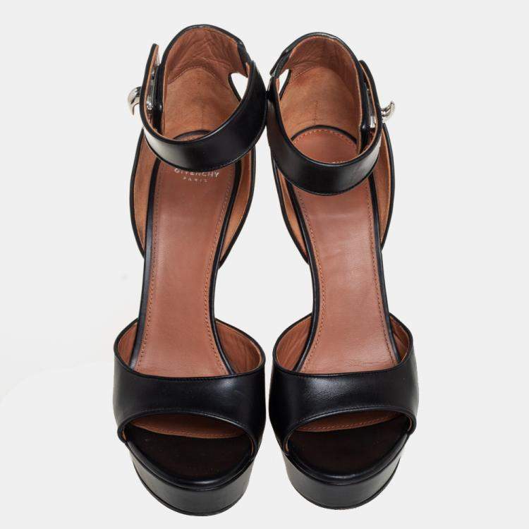 Pre Owned Givenchy Black Leather Shark Tooth Ankle Strap Open Toe Platform Sandals Size 39