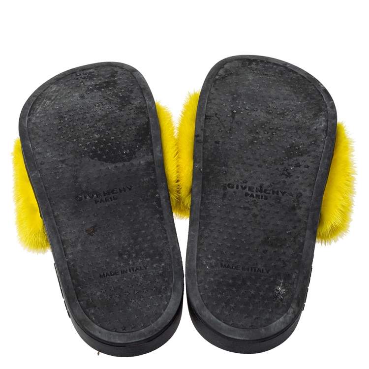 Pre Owned Givenchy Yellow Mink Fur Flat Slides Size 41