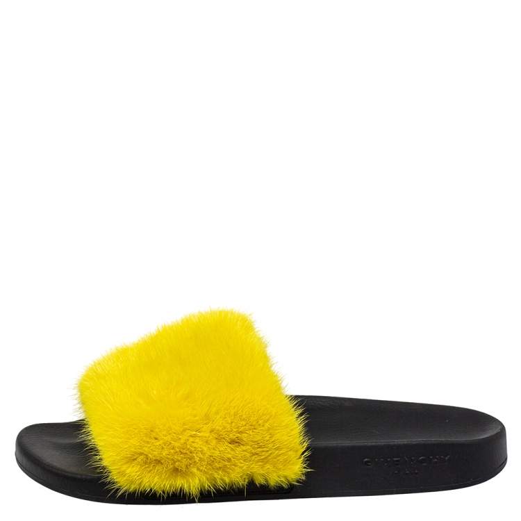 Pre Owned Givenchy Yellow Mink Fur Flat Slides Size 41