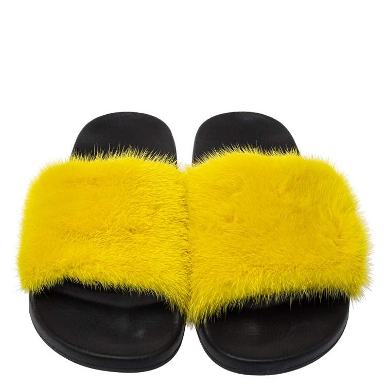 Pre Owned Givenchy Yellow Mink Fur Flat Slides Size 41