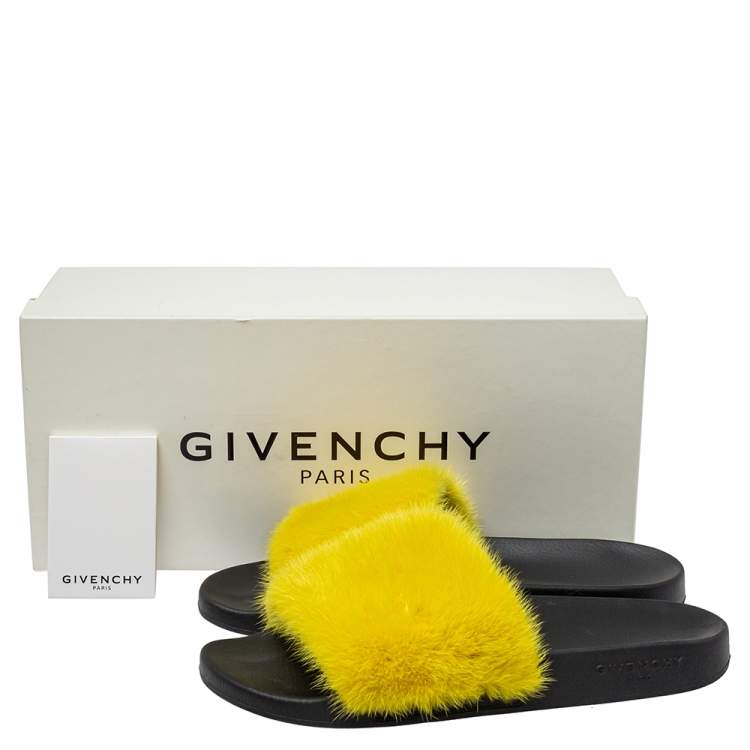 Pre Owned Givenchy Yellow Mink Fur Flat Slides Size 41