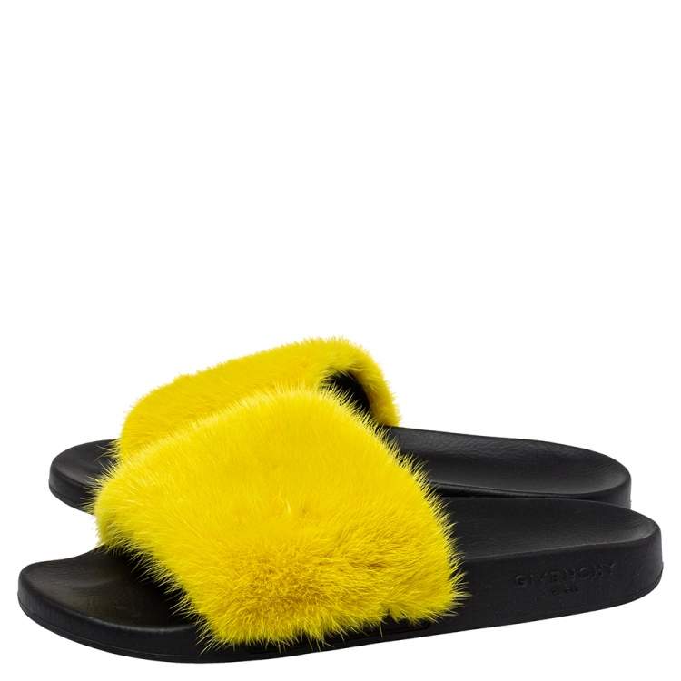Pre Owned Givenchy Yellow Mink Fur Flat Slides Size 41