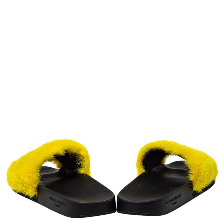 Pre Owned Givenchy Yellow Mink Fur Flat Slides Size 41