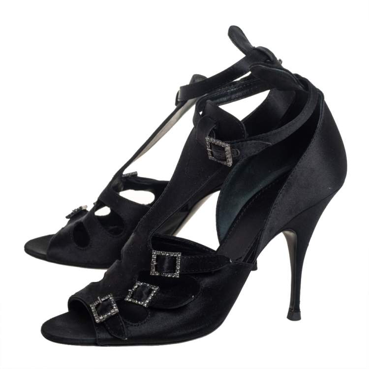 Pre Owned Givenchy Black Satin Cystal Buckle Embellished T-Strap Open Toe Sandals Size 38