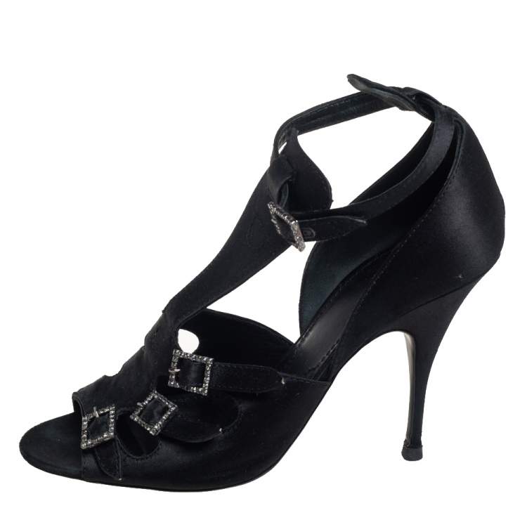 Pre Owned Givenchy Black Satin Cystal Buckle Embellished T-Strap Open Toe Sandals Size 38