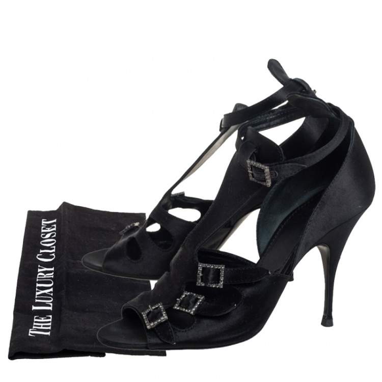 Pre Owned Givenchy Black Satin Cystal Buckle Embellished T-Strap Open Toe Sandals Size 38