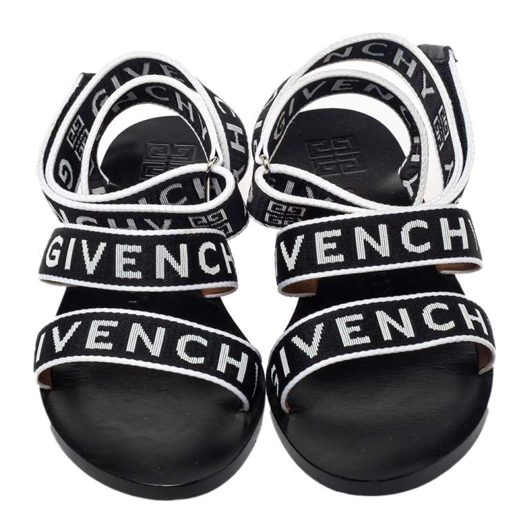 Pre Owned Givenchy Black/White Nylon Logo Strap Flat Ankle Wrap Sandals Size 38
