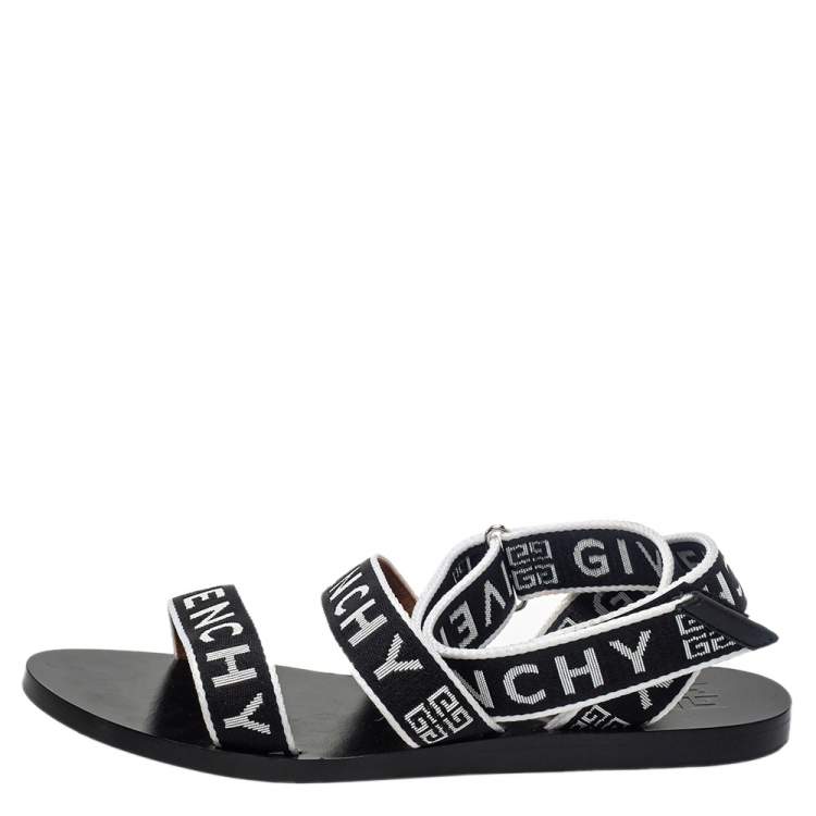 Pre Owned Givenchy Black/White Nylon Logo Strap Flat Ankle Wrap Sandals Size 38
