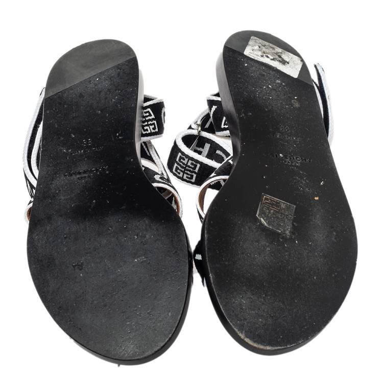 Pre Owned Givenchy Black/White Nylon Logo Strap Flat Ankle Wrap Sandals Size 38