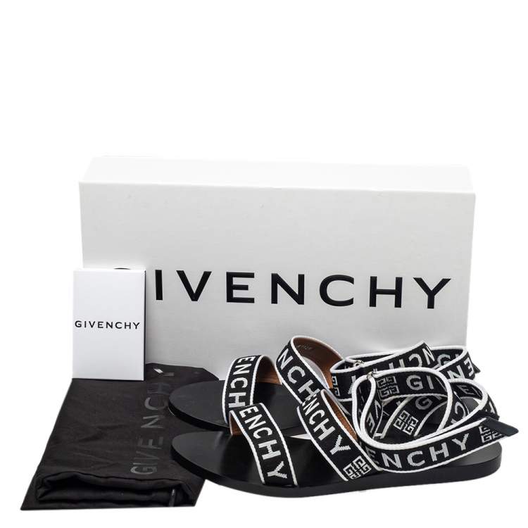 Pre Owned Givenchy Black/White Nylon Logo Strap Flat Ankle Wrap Sandals Size 38