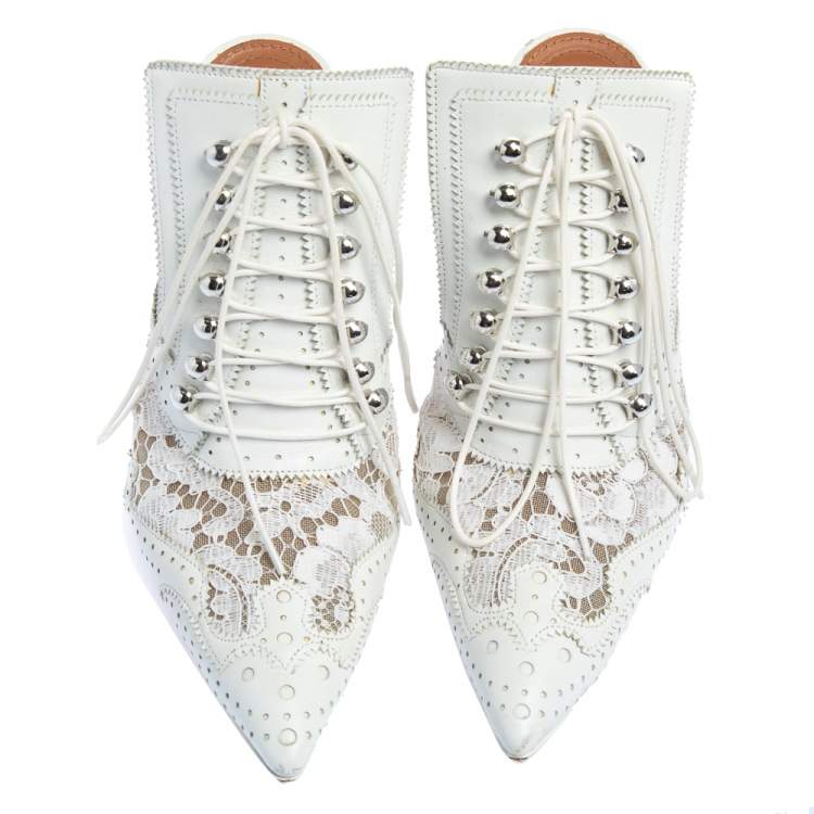 Pre Owned Givenchy White Brogue Leather and Lace Maremma Mules Size 37