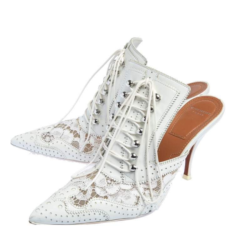 Pre Owned Givenchy White Brogue Leather and Lace Maremma Mules Size 37
