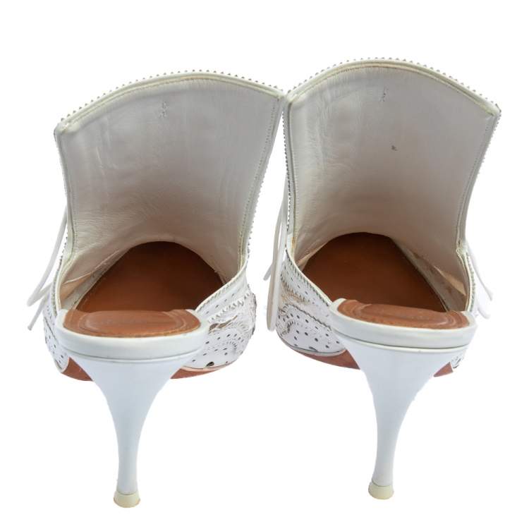 Pre Owned Givenchy White Brogue Leather and Lace Maremma Mules Size 37