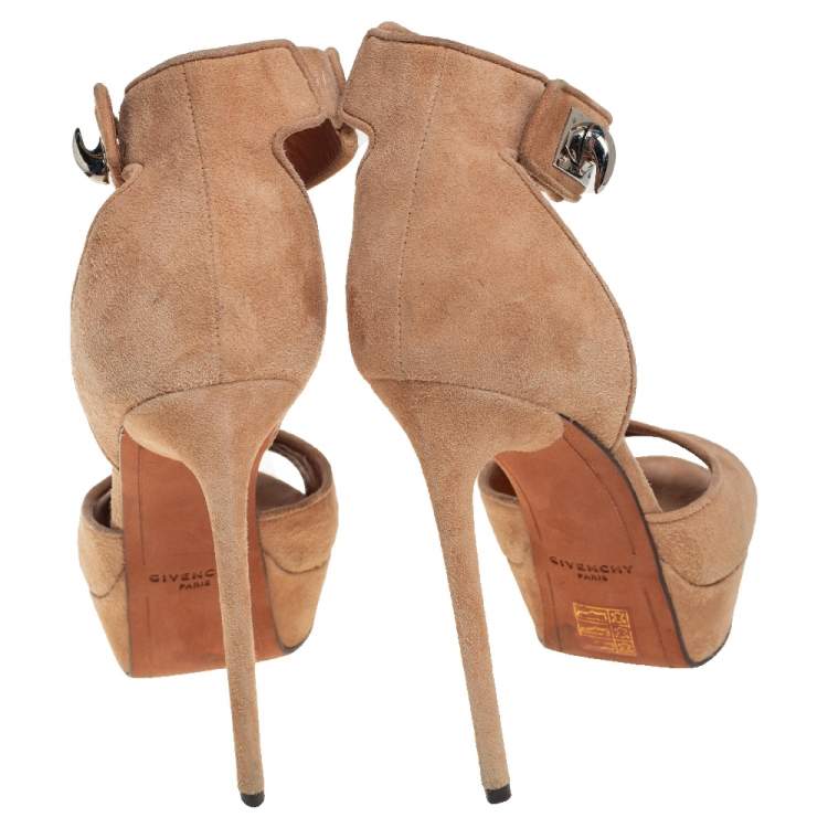 Pre Owned Givenchy Beige Suede Shark Tooth Ankle Strap Open Toe Platform Sandals Size 38